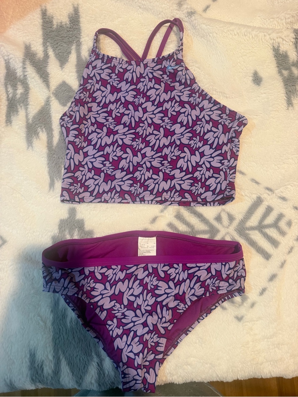 Nike Girls' Purple Floral High-Neck Two-Piece Swim Set